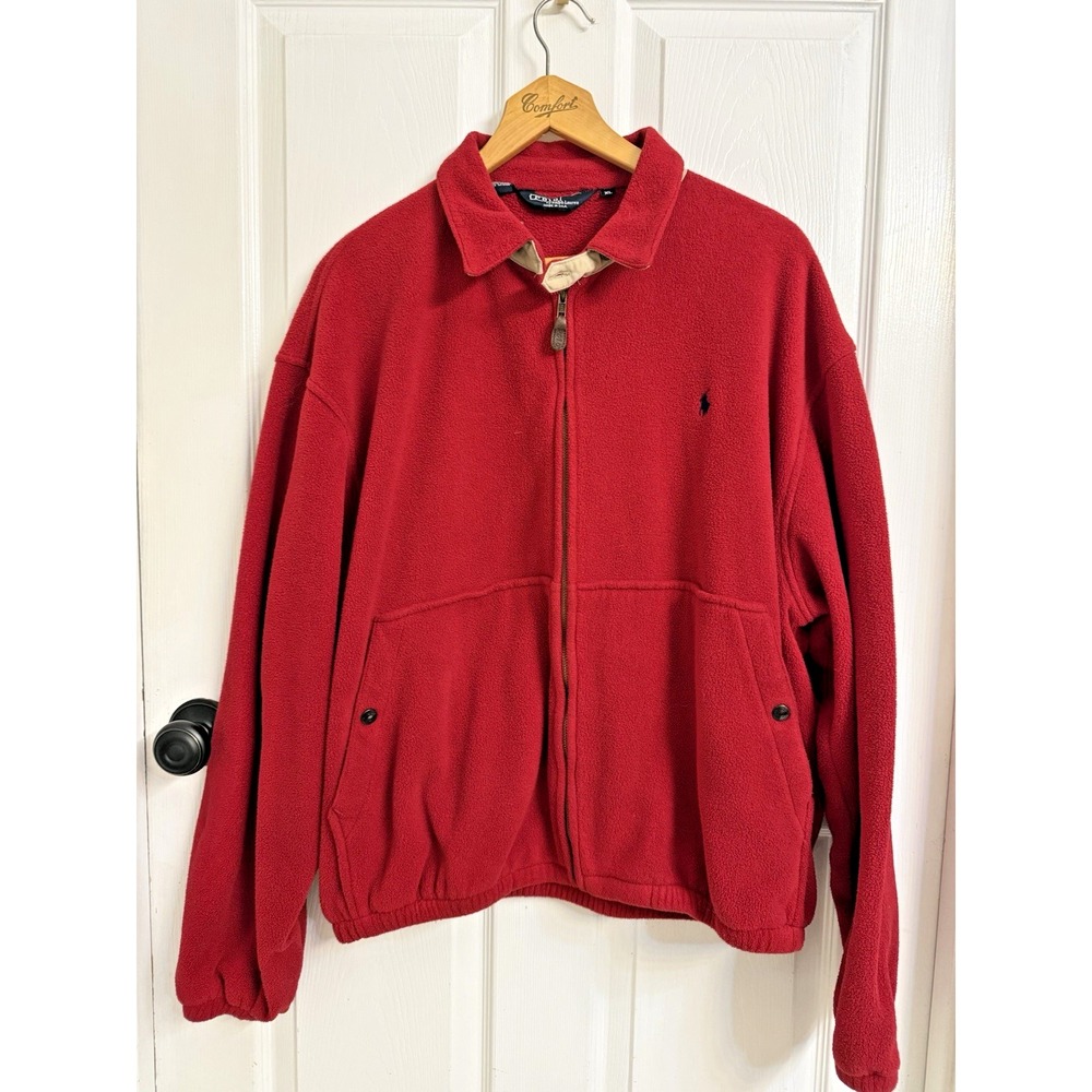VTG 90's Polo by Ralph Lauren Fleece Jacket Full Zip Red Harrington USA Men's XL